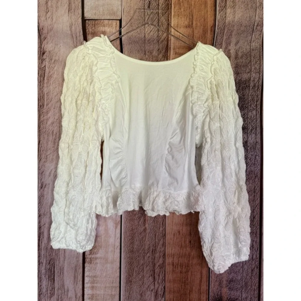 Free People Smocked Sleeve Top Boho Cottagecore White Cropped Summer Medium NWT‎